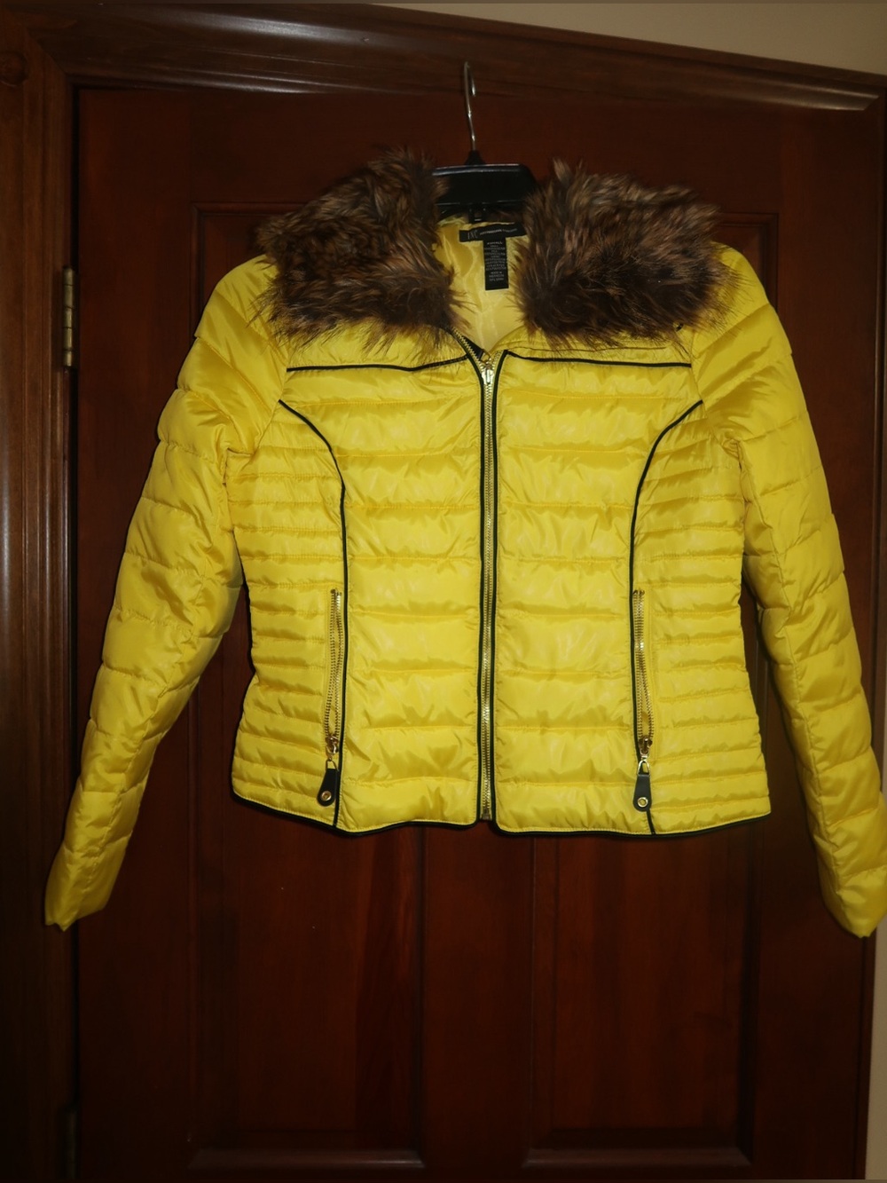 Women’s Yellow Quilted Puffer Jacket with Faux Fur Collar